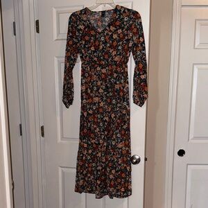 Floral Long Sleeve Midi Dress - Black with Rust & Cream Floral